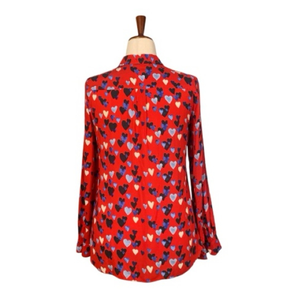Talbots Red Long Sleeve‎ Button Up Shirt Blouse Blue White Black Hearts Size S - Picture 4 of 12